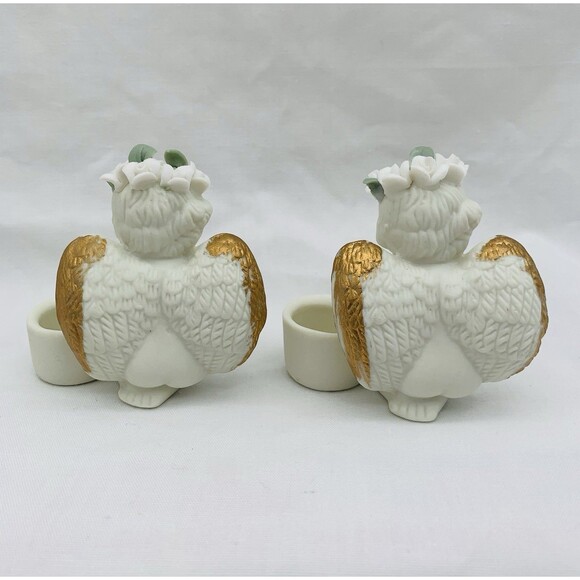 Vtg Cherub Angels 2 Candlestick Holders Ceramic Ivory Bisque 3" w/ Floral Crown - Picture 3 of 12